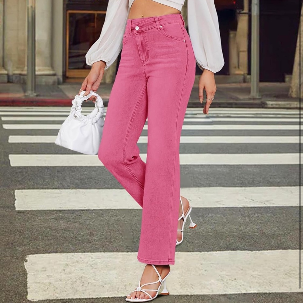 NWT Women's Pink High Waisted Crossover Jeans Wide Leg Stretchable Casual Size 8 - Picture 5 of 16